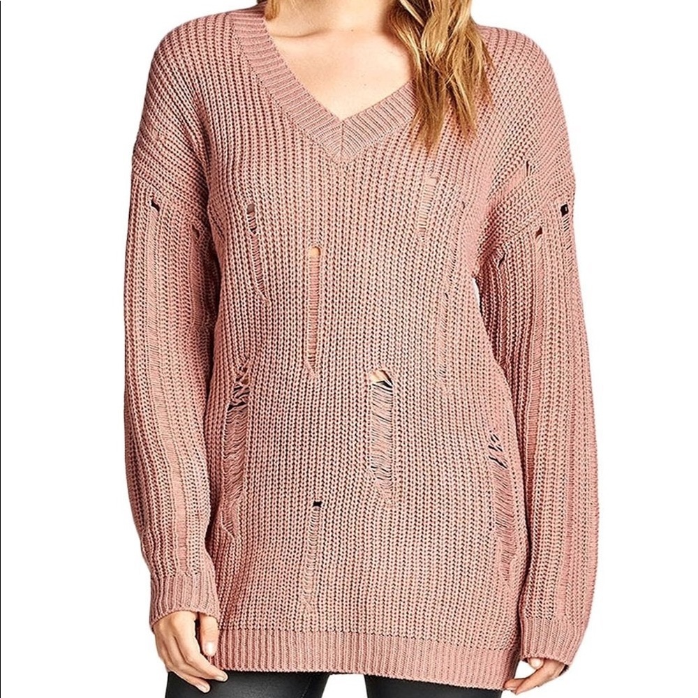 NWOT Distressed Dropped Long Sleeve Sweater in Mauve
